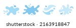 Blue water shapes set, splashes collection with uneven fluid wavy edge. Paint spot, blot, rain puddle, stain with drops, blobs. Liquid watery graphic design elements, text backgrounds.