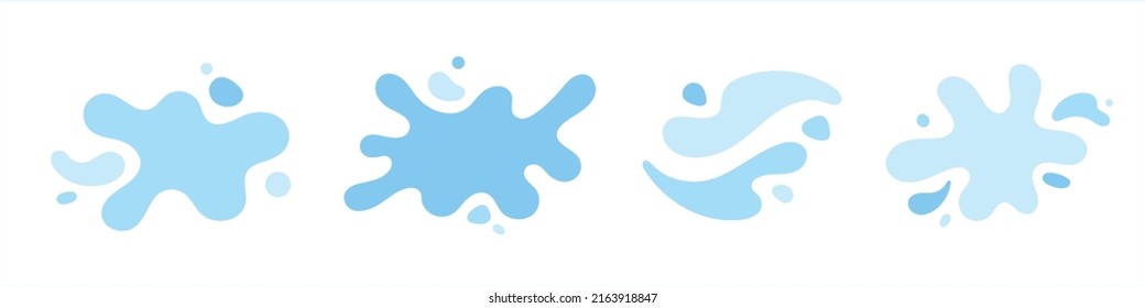 Blue water shapes set, splashes collection with uneven fluid wavy edge. Paint spot, blot, rain puddle, stain with drops, blobs. Liquid watery graphic design elements, text backgrounds.