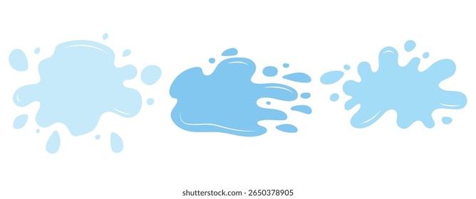Blue water shapes set, splashes collection with uneven fluid wavy label. Liquid watery graphic design elements, text backgrounds. Paint spot, blot, rain puddle, stain with drops, blobs for badge.