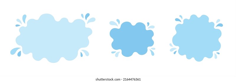 Blue water shapes set, text frames with uneven, sinuous wavy edge. Fluid, paint spot, puddle, rounded stain, blot with splashes, drops, blobs. Liquid graphic design elements, backgrounds collection.