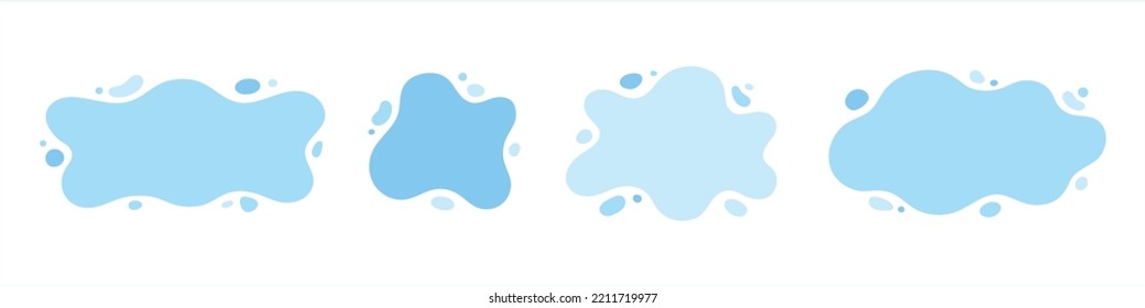 Blue water shapes set with uneven fluid wavy edge. Liquid watery graphic design elements collection, text backgrounds, frames. Paint spot, splashes, rounded blot, rain puddle, stain with drops, blobs.