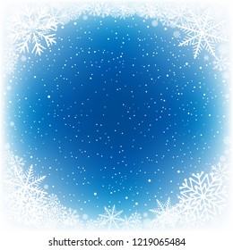 Blue water and snow winter frame background. Frosty close-up wintry snowflakes. Ice shape pattern template. Christmas holiday decoration backdrop