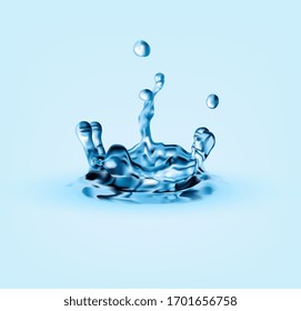 Agua azul salpicada con corona y gotas onduladas. Ilustración realista del vector