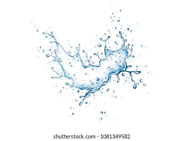 RealistiÑ� blue water splash and drops isolated on white background. Vector texture.