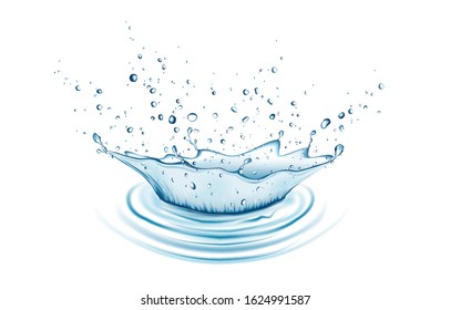 Blue water splash and drops isolated on white background. Aqua crown. Vector illustration.