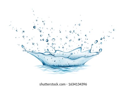 Blue water splash and drops isolated on white background. Aqua crown. Vector illustration.