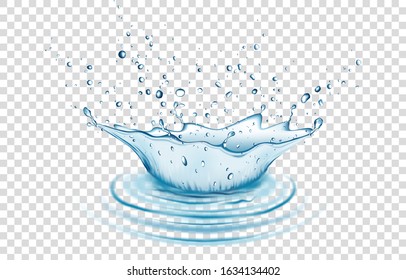 Blue water splash and drops isolated on transparent  background. Aqua crown. Vector illustration.