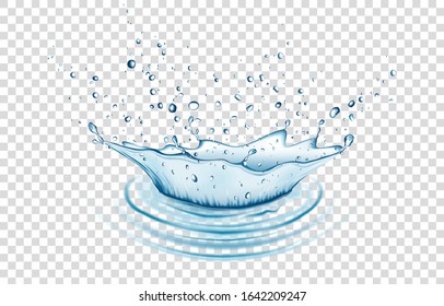 Blue water splash and drops isolated on transparent  background. Aqua crown. Vector illustration.