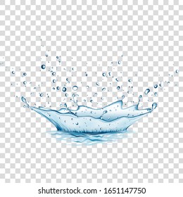 Blue water splash and drops isolated on transparent  background. Aqua crown. Vector illustration.