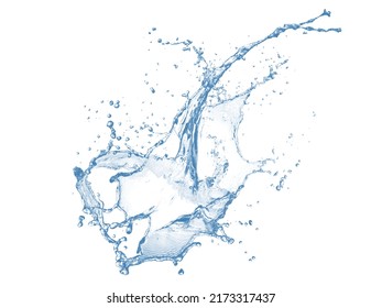 Blauer Wassersplash und Tropfen einzeln auf weißem Hintergrund.