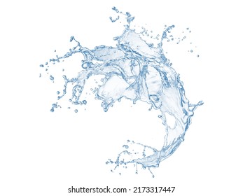 Blue water splash and drops isolated on white background.