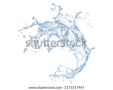 Blue water splash and drops isolated on white background.