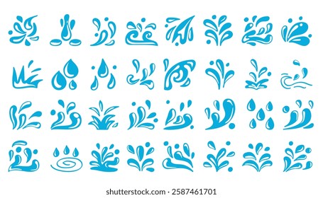 Blue Water Splash Element Collection .Vector Illustration.This set includes various water drop and splash designs, perfect for graphic design, branding, and digital artwork.