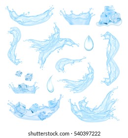 Blue water splash with ice cubes. Mesh with transparency. Vector set. EPS10