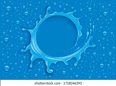 blue water splash with many drops and place for text	
