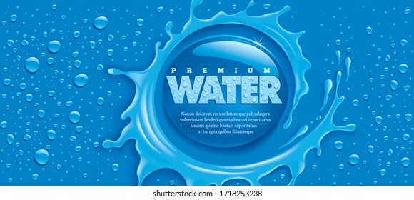 blue water splash with many drops and place for text	
