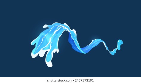 Blue water splash vector flat illustration. Liquid water splashes, falling aqua drops, sea or ocean wave. Cartoon water motion effect, flow, stream, spill. Splashing fluids with droplets isolated