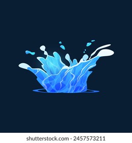 Blue Water Splash Vektorgrafik flache Abbildung. Flüssiges Wasser spritzt, Wassertropfen sprühen. Cartoon Wasser Bewegung Effekt, plash auf der Pfütze. Flüssigkeiten mit Tröpfchen verspritzen, Brunnen isoliert auf dunkelblau