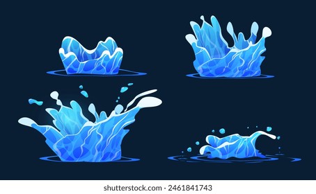 Blue water splash vector flat illustrations set. Liquid water splashes, falling aqua drops. Cartoon water motion effect, plash on the puddle. Splashing fluids with droplets isolated on dark blue