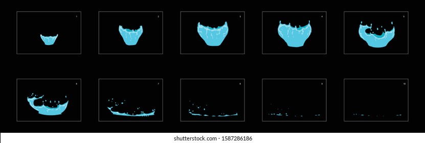 Blue water splashes animation sprite sheet. cartoon splash frame by frame classic effect for animation, cartoon video, motion or design.