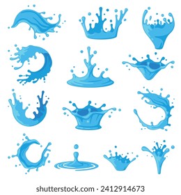 Blue Water Splashes as Aqua Motion with Drops Vector Set