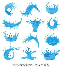 Blue Water Splashes as Aqua Motion with Drops Vector Set