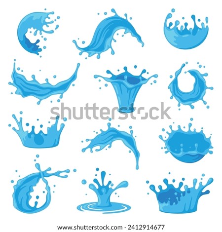 Blue Water Splashes as Aqua Motion with Drops Vector Set