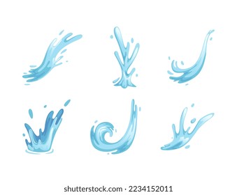 Blue Water Splashes with Drops and Moving Fluid or Liquid Vector Set