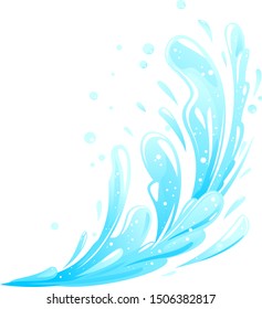 Blue water splashes flying from one side isolated, group of water drops, fountain beats up and falls down with water splashes, set of liquid leakage