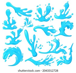 Blue water splashes, ocean waves, spray drops. Sea water wavy swirls, river flowing wave elements vector illustration symbols set. Ocean water swirls. Water and ocean splash, blue curve wave