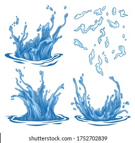 Estallidos de agua azul con gotas y olas en ilustraciones vectoriales aisladas de estilo vintage