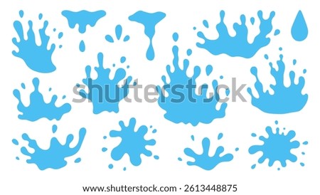 Blue Water Splashes Set. Minimal hand drawn liquid spray sprinkles blot blob drop elements collection. Vector illustration in flat style