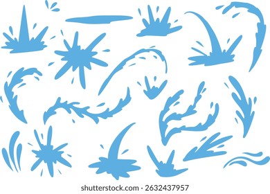 Blaues Wasser spritzt und spritzt im flachen Vektorstil. Dynamische Sammlung flüssiger Elemente für Design, Animation oder Dekoration.