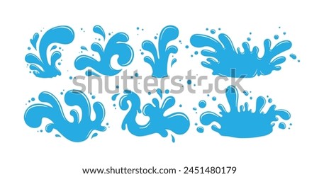 Blue water splashes, waves and drops. Set of water element, drop, splash. Water splashes collection. Cartoon water splashes element. Current drops, waves, tears and spray