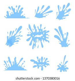 Blue Water spray, Splash and Drops set. Cartoon style. Vector illustration.