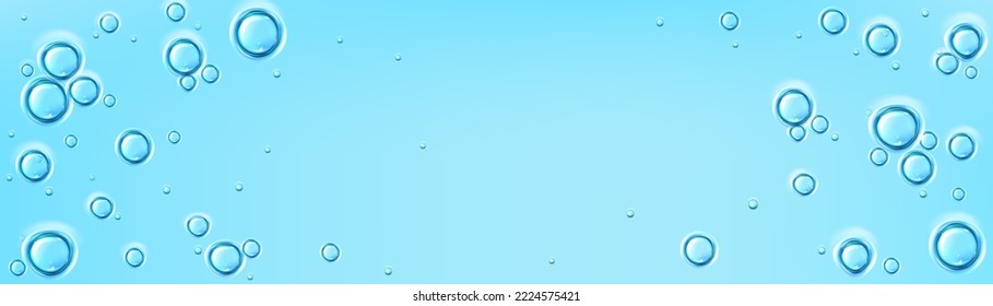 Blue water surface with bubbles, liquid serum, skincare cosmetic product with oil drops. Banner template with abstract gel texture with bubbles and copy space, vector realistic illustration
