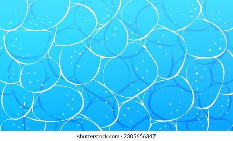 Blue water surface texture cartoon style background. Ocean, sea top view backdrop. Swimming pool banner with sun light reflection. Water ripple pattern. Vector illustration