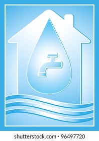 blue water symbol with house, drop and tap