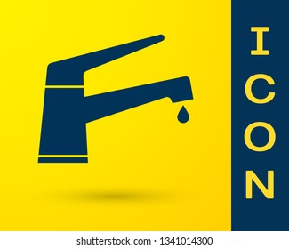 Blue Water tap with a falling water drop icon isolated on yellow background. Vector Illustration