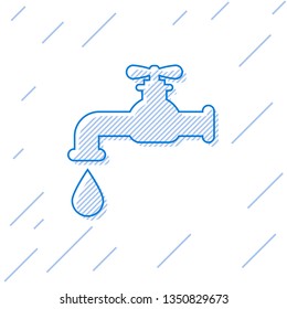 Blue Water tap with a falling water drop line icon isolated on white background. Vector Illustration