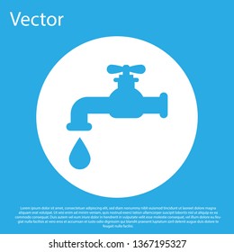 Blue Water tap with a falling water drop icon isolated on blue background. White circle button. Flat design. Vector Illustration