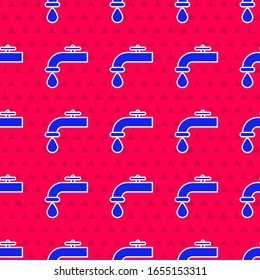 Blue Water tap with a falling water drop icon isolated seamless pattern on red background.  Vector Illustration