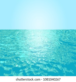 Blue water textured background with ripples and sunset or dawn at background. Color sea surface with light reflection. Hand-drawn vector illustration