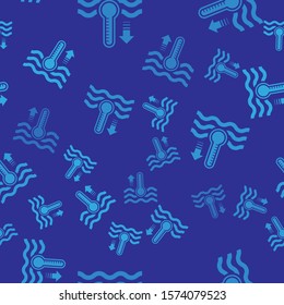 Blue Water thermometer measuring heat and cold icon isolated seamless pattern on blue background. Thermometer equipment showing hot or cold weather.  Vector Illustration