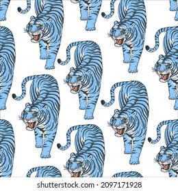 Blue Water Tiger seamless pattern. Tiger climbing down. Vintage background with wild cat. Hand drawn vector illustration.