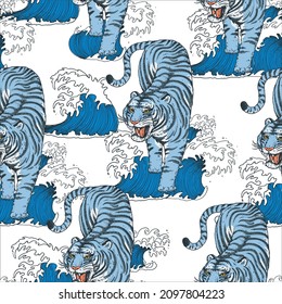Tigre de agua azul sin soldadura. Tigre bajando. Fondo vintage con gato salvaje. Ilustración vectorial dibujada a mano.