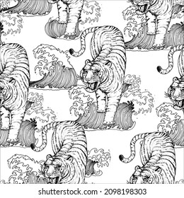 Blue Water Tiger seamless pattern. Tiger climbing down sketch. Vintage background with wild cat. Hand drawn vector illustration.