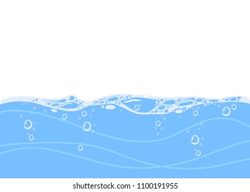 Blue water wave and bubbles to clean drinking water. Vector illustration.
