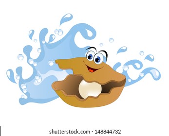 Blue water wave and cartoon pearl oyster