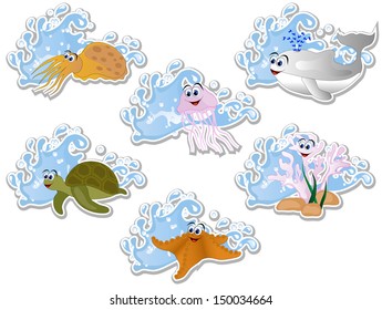 Blue water wave and cartoon sea animals